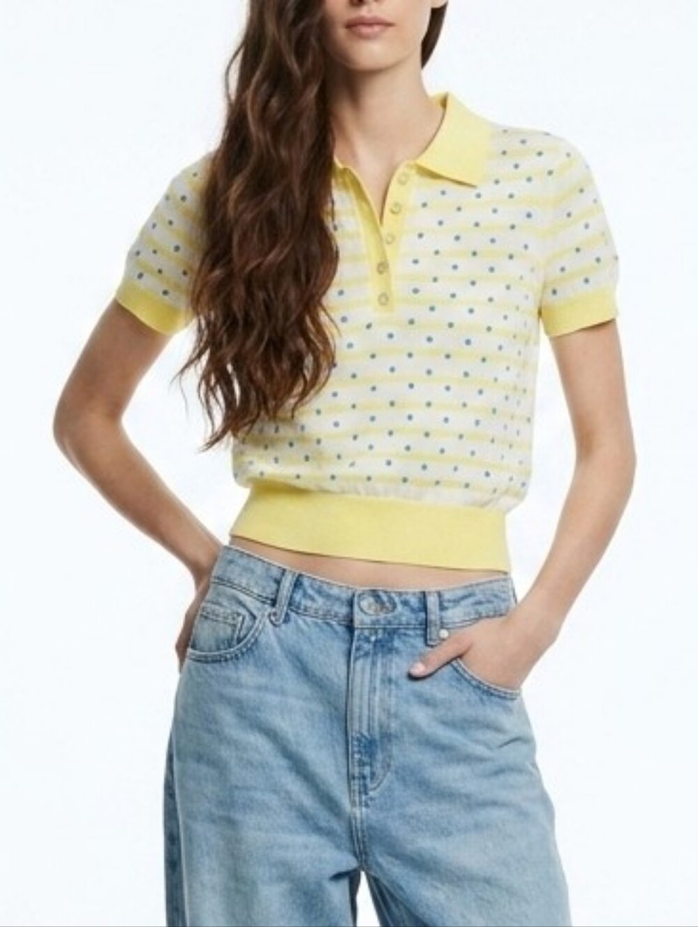 NWT Zara Striped Knit Polka Dot Short-sleeve Cropped Polo Top In Yellow - S